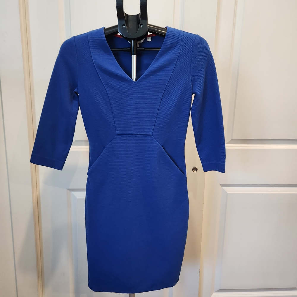 Boden Cobalt Royal Blue Stretch Knit 3/4 Sleeve V-Neck Bodycon Sheath Dress